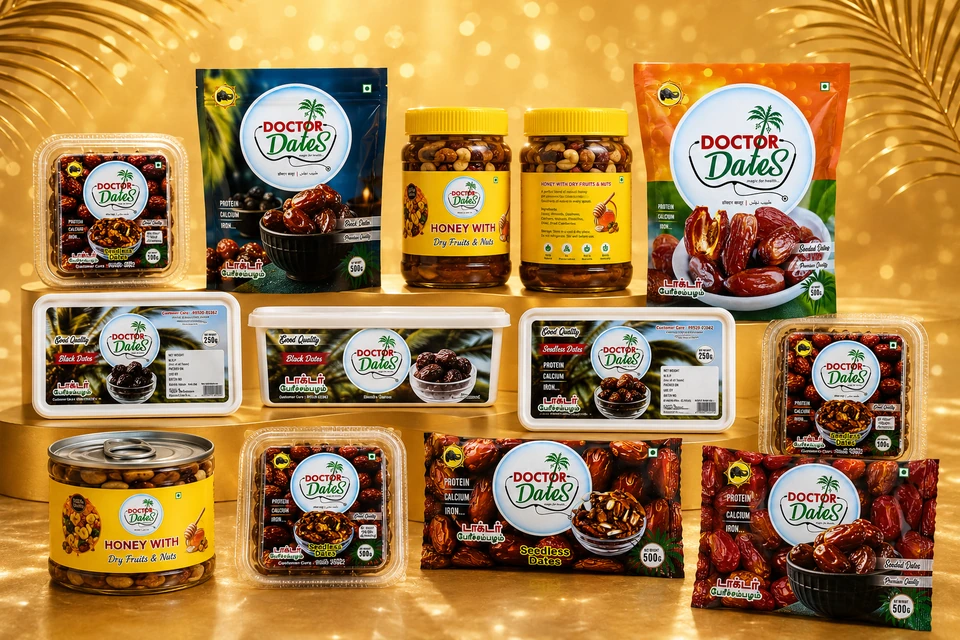 The full Doctor Dates range — seeded, seedless and black dates, honey with dry fruits & nuts and roasted health mix